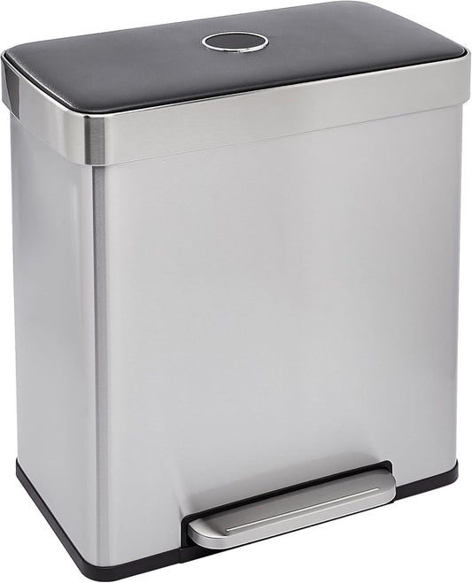 Amazon Basics Dual Compartment Recycling Trash Can with Soft-Close Lid and Removable Liner Buckets, 60 Liters, Rectangular, Grey, Silver