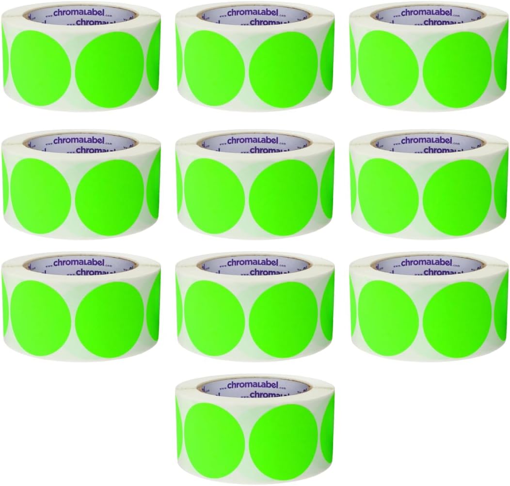 ChromaLabel 2 Inch Round Colored Stickers, High Visibility Green Dot Labels for Color Coding, Writable Circle Stickers - 500 Sticker Dots per Roll, Matte Finish Fluorescent Green - Case of 10