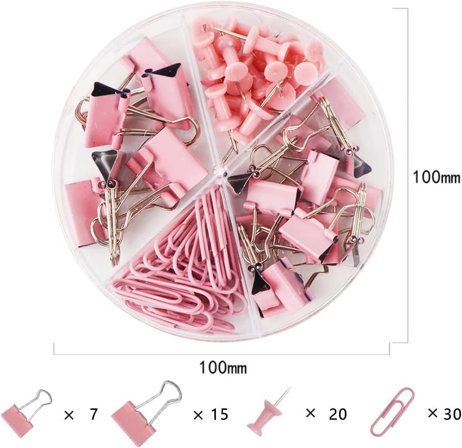 Paper Clips and Binder Clips Set, Metal Assorted Sized Binders with Push Pins, Cute Office Supplies for Desk, Desk Accessories (Pink)