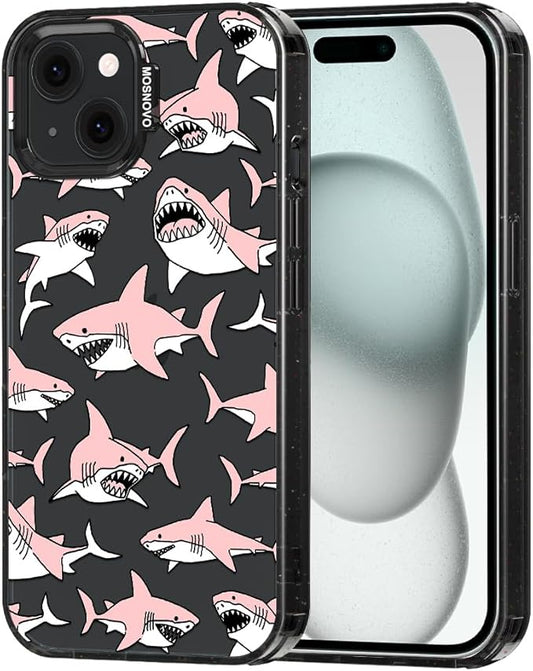 MOSNOVO Case for iPhone 15 Plus, [10ft 4X Military-Grade Drop Protection] Durable & Shockproof Phone Case Cover Design for iPhone 15 Plus / 14 Plus - Pink Sharks - Clear Black