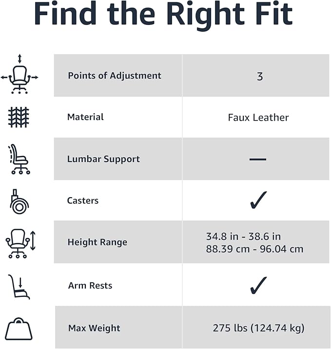 Amazon Basics Office Computer Task Desk Chair with Padded Armrests, Mid-Back, Adjustable, 360 Swivel, Rolling, 275 Pound Capacity, 24"D x 24.2"W x 34.8"H, BIFMA Certified, Dark Brown Faux Leather
