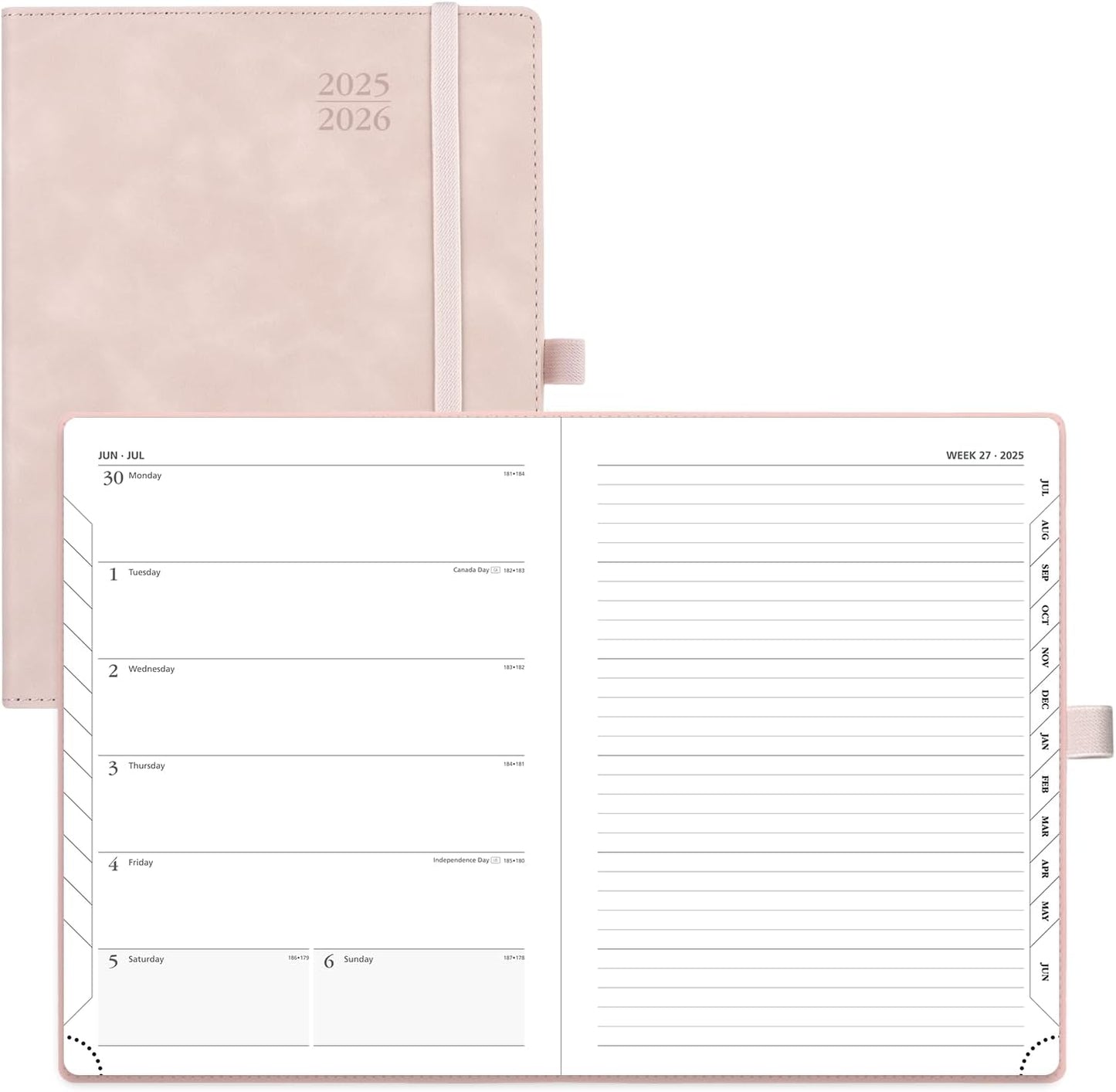POPRUN Planner 2025-2026 Weekly Notebook (Medium 6.5''x 8.5'') Academic Calendar (JUL.25 - JUN.26) Appointment Book with Monthly Tabs, Leather Soft Cover, Inner Pocket, 100 GSM - Pink