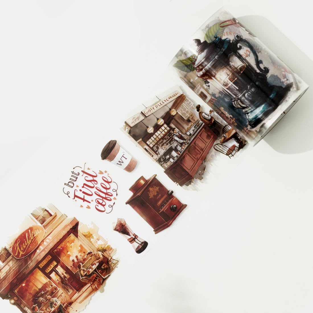 WT Caffeine Canvas Wide PET Tape, Single Roll, Original Designs, Watercolor Vintage Cafe Decorative Transparent Tape, Journal Scrapbook Bujo Planner DIY Craft Supplies, Coffee Theme
