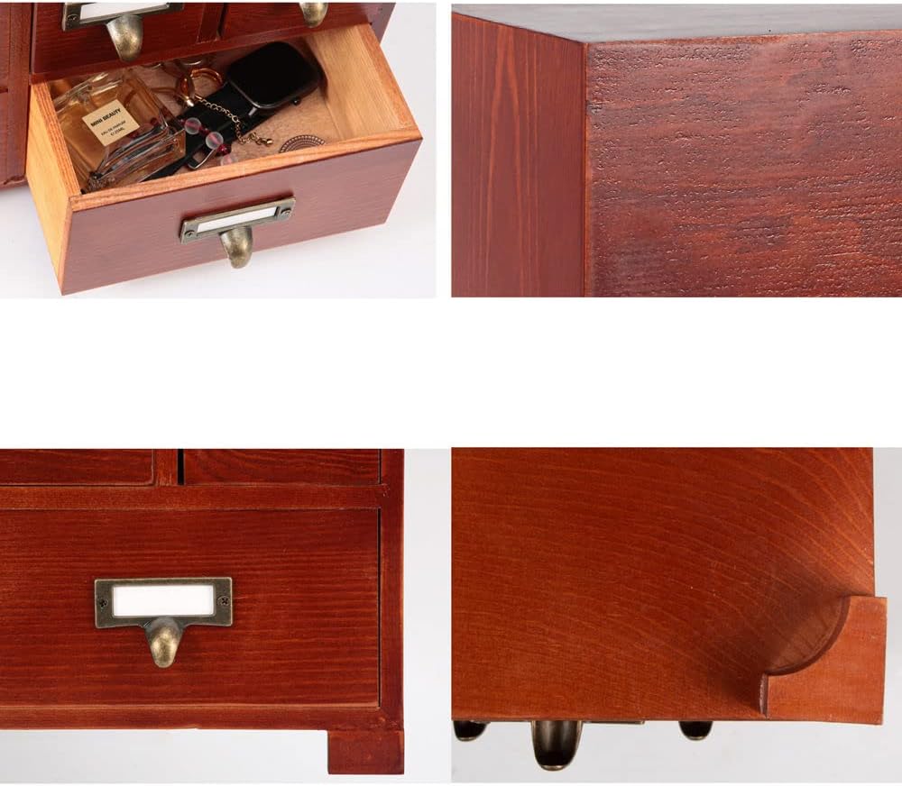 Apothecary Cabinet with 10 Drawers & Labels Rustic Library Card Catalog Cabinet Desktop Wooden Storage Box for Organize Herbal、Tea Bag、Jewelry (Brown)