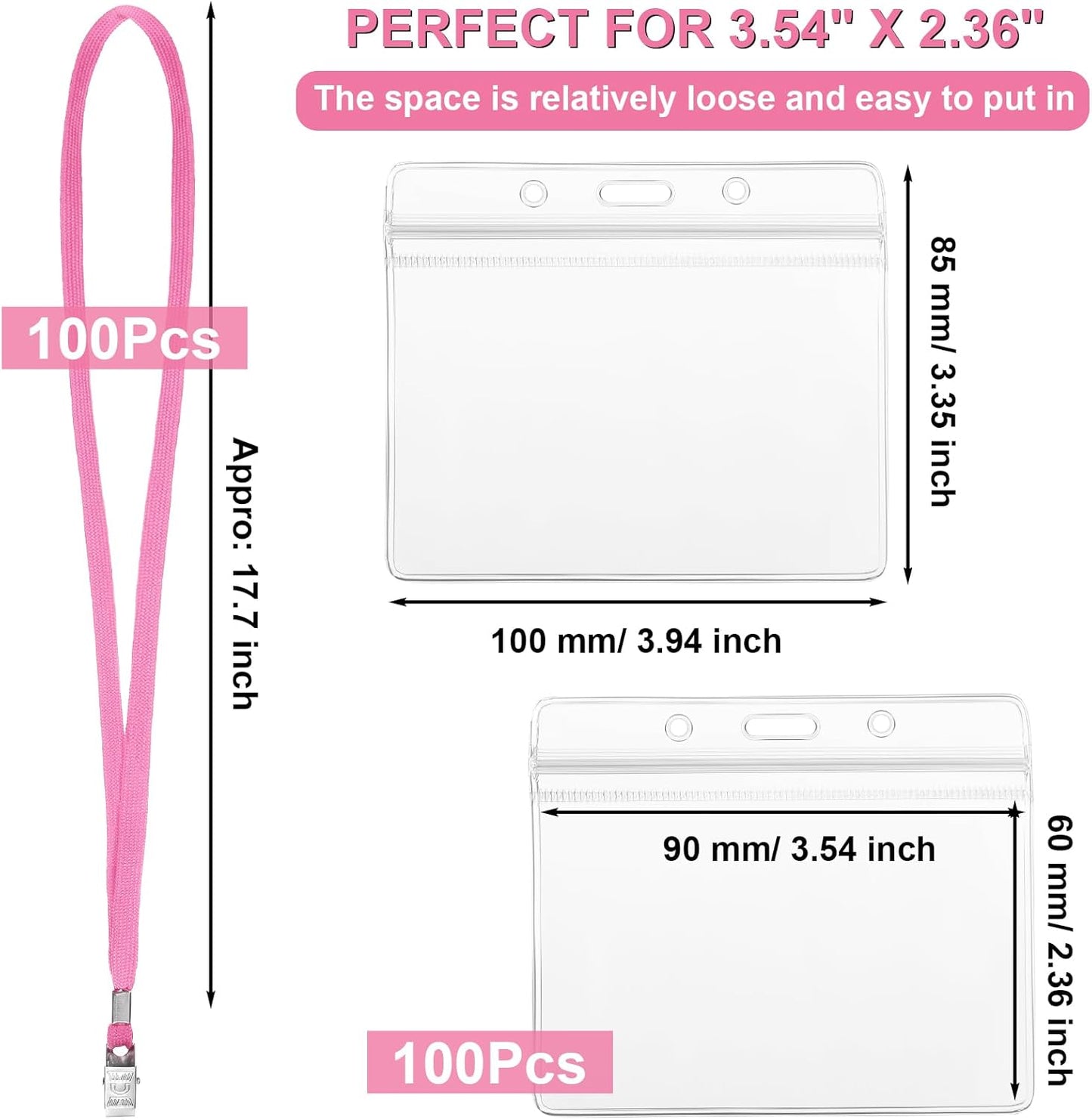 Marspark 100 Sets Clear Name Tags with Lanyard, Lanyards for ID Badges Reusable Strap with ID Holder Plastic Name Badges for Adults Business School Church Conference (Pink)