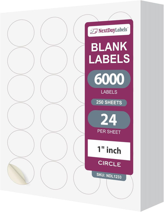 NextDayLabels - 1.66 Inch Round Stickers for Printer - Matte White Blank Laser/Inkjet Circle Labels - Printable (250 Sheets, 24 Per Sheet, 6000 Labels)