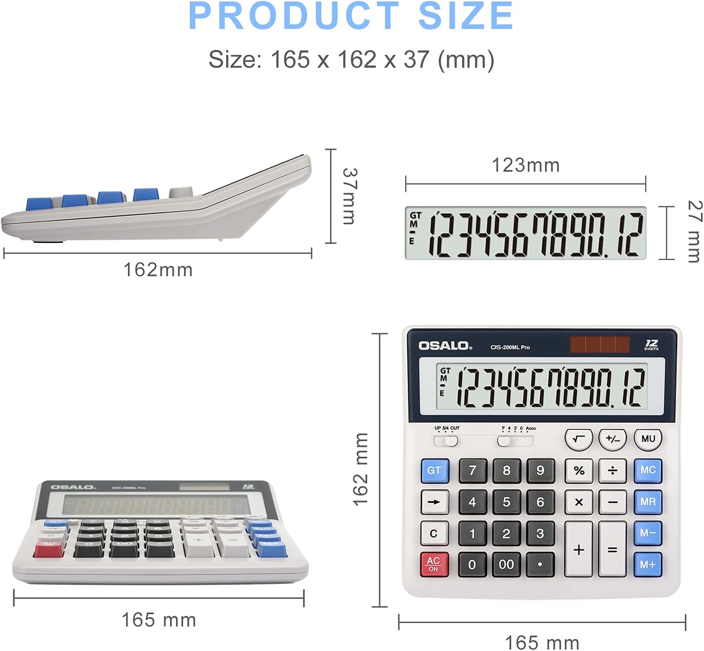 OSALO Desktop Calculator Extra Large Display 12 Digits Big Buttons Solar Accounting Calculator for Office (OS-200ML)