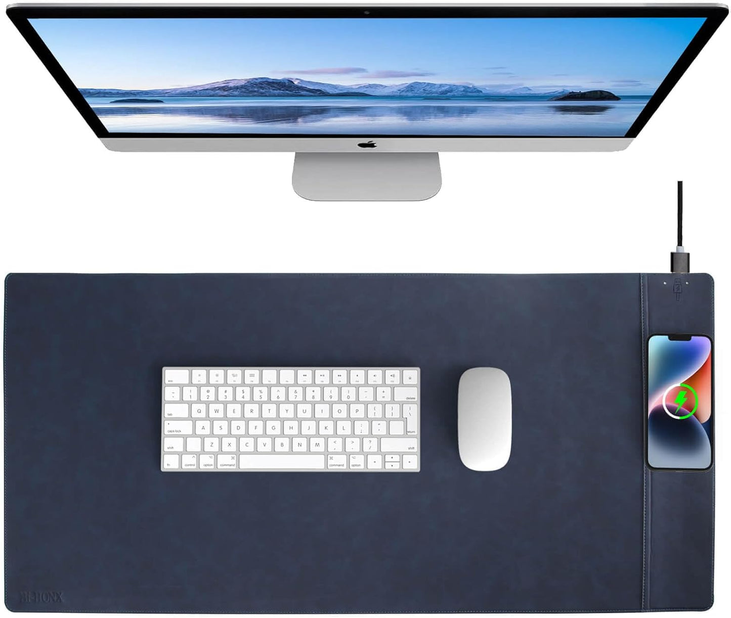 Magnetic Wireless Charging Desk Pad, Office Desk Mat with Wireless Charger, Waterproof and Scratch-Resistant Large Mouse Mat, Microfiber Leather Mouse Pad for Office and Home Use, Blue Color