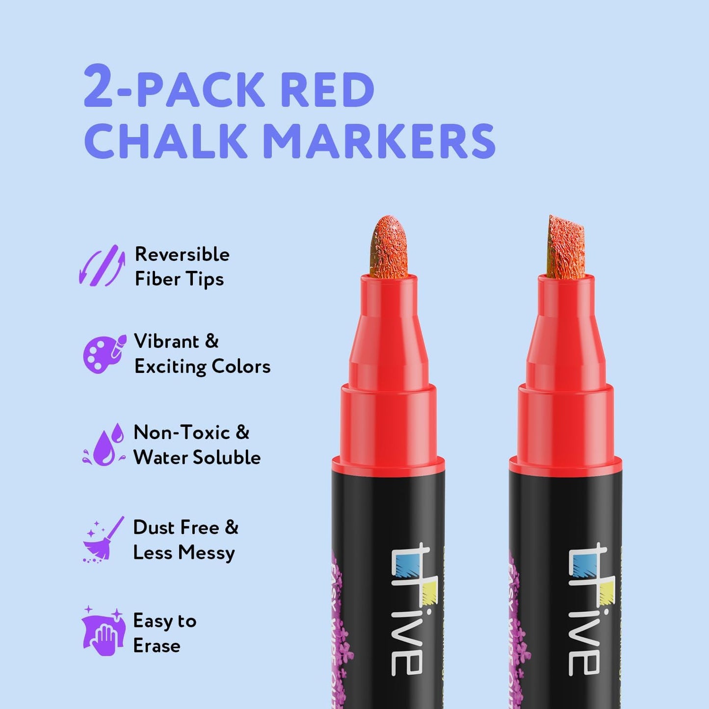 TFIVE Red Liquid Chalk Markers - 2 Pack Bright Colors Erasable Chalk Marker Pens, Reversible Tip, Non-Toxic, for Chalkboards, Signs, Glass, Easy to use Chalk markers TF800