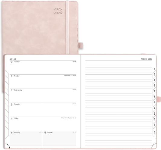 POPRUN Planner 2025-2026 Weekly Notebook (Large 8.5''x 10.5'') Academic Calendar (JUL.25 - JUN.26) Appointment Book with Monthly Tabs, Leather Soft Cover, Inner Pocket, 100 GSM - Pink