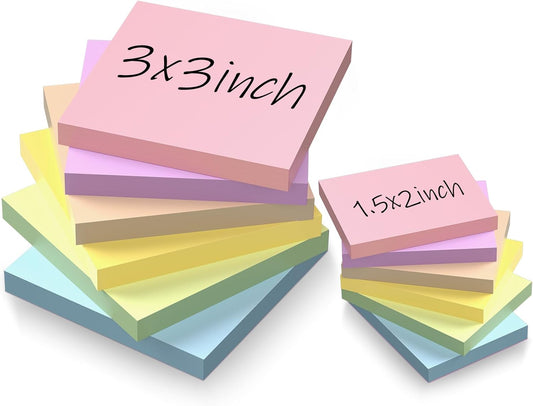 Sticky Notes 3x3in + 2x1.5in Small Sticky Note, 12 Pack 6 Colors Self-Sticky Note Pads | Sticks Strong & Removes Clean | Recycled Paper Cute Sticky Notes to School Supplies, Office Products
