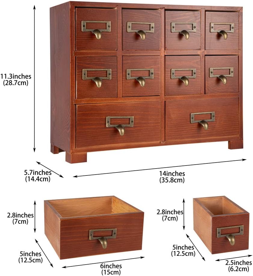 Apothecary Cabinet with 10 Drawers & Labels Rustic Library Card Catalog Cabinet Desktop Wooden Storage Box for Organize Herbal、Tea Bag、Jewelry (Brown)