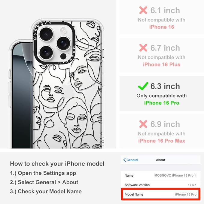 MOSNOVO Case for iPhone 16 Pro, [Buffertech 6.6ft Military-Grade Drop Protection] [Anti Peel Off Tech] Clear TPU Bumper Phone Case Cover Design - Abstract Face Line Art