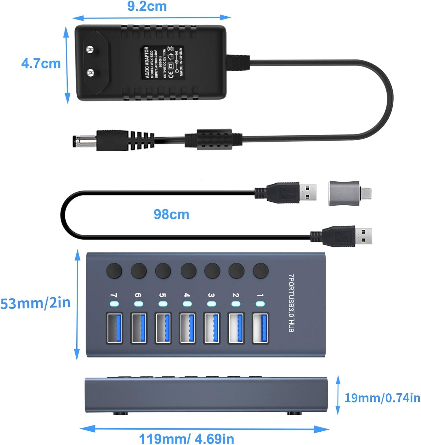 MaxLax 7 Port Aluminum USB 3.0 hub with 7 Port USB Data Transfer,36W (12V/3A) Power Adapter USB Splitter Independent Switch