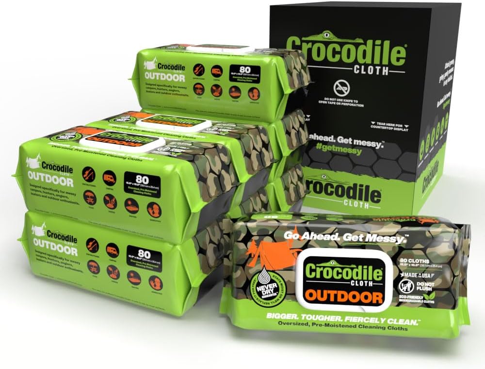 Crocodile Cloth Outdoor Cleaning Wipes – 8 Packs/640 Total Count Plant-Based Cloths (15"x10"), Skin Safe, Pre-Moistened, Aloe & Vitamin E Infused, Large, Absorbent, Multi-Surface Disposable Wipes