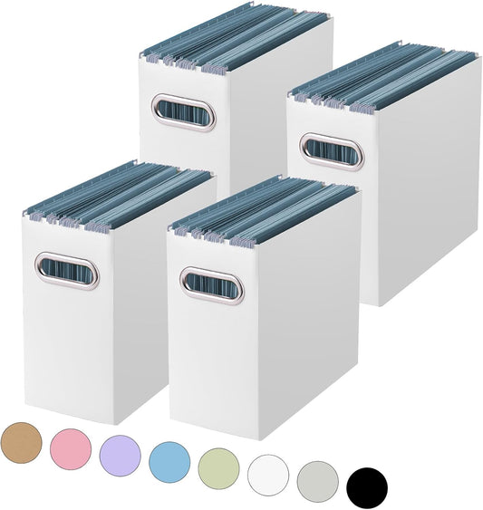 Oterri File Organizer, 4 Packs Small Storage Box, Cardboard File Folder Organizer, Collapsible File Box for Hanging File Folders Letter Size, Portable Filing Organizer with Handle（White）