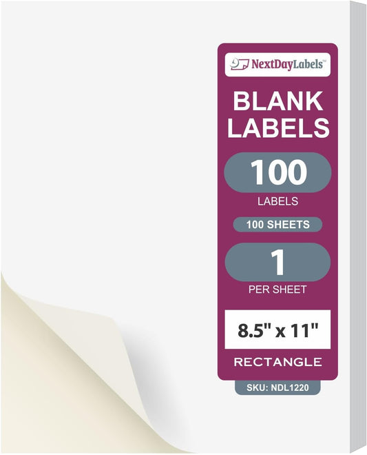 NextDayLabels - Full Page Labels 8.5 x 11 - White Shipping Labels - 8.5 x 11 Label Paper for Printer - Large Blank Matte Sticker Printer Paper - Laser/Inkjet Printer Labels (1 Per Sheet, 100 Labels)