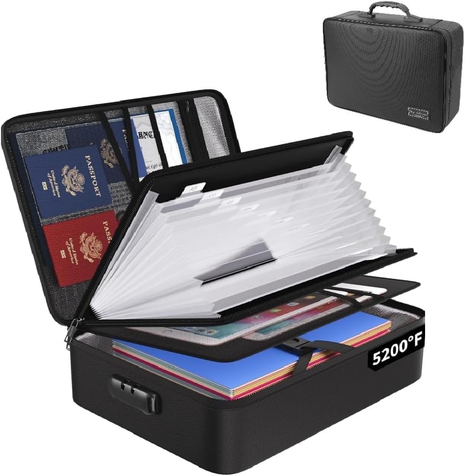 Fireproof Document Organizer Bag with Lock, 13 Labeled Pockets & Passport Pouch – Waterproof File Folder for Home, Office & Travel