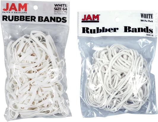 JAM PAPER Colorful Rubber Bands - Sizes 33 & 64 Set - White Multi-Purpose Rubberbands - 200/Pack