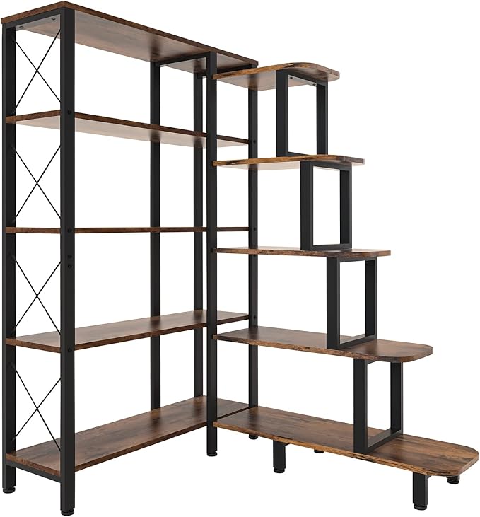 Large Corner Bookshelf Bookcase, Industrial Reversible 5 Tier Ladder Shelves Storage Display Rack with Metal Frame, Modern Home Office Furniture for Living Room Bedroom