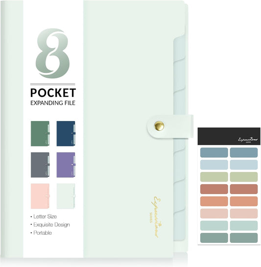 Sooez Elegant Accordion File Organizer, 8 Pocket Expanding File Folders with Labels, Portable Folder for Documents, Cute Paper Organizer for School Office Supplies, Letter Size, Light Green