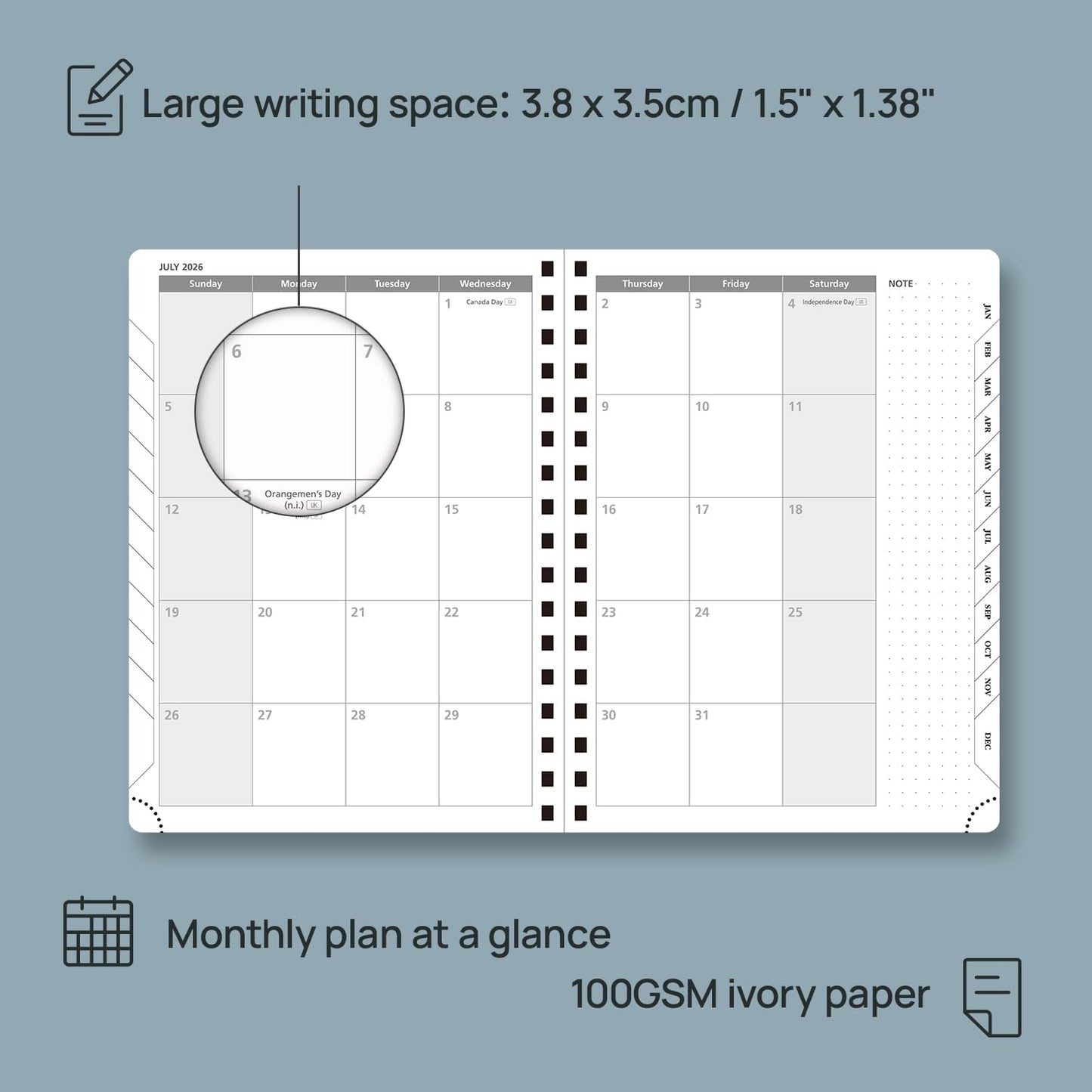 POPRUN 2026 Planner Weekly Notebook (Jan-Dec), Medium 8.5''x 6.5'' - Agenda 2026 Calendar Book with Monthly Tabs, Inner Pocket, Spiral Soft Cover, 100 GSM - Petrol