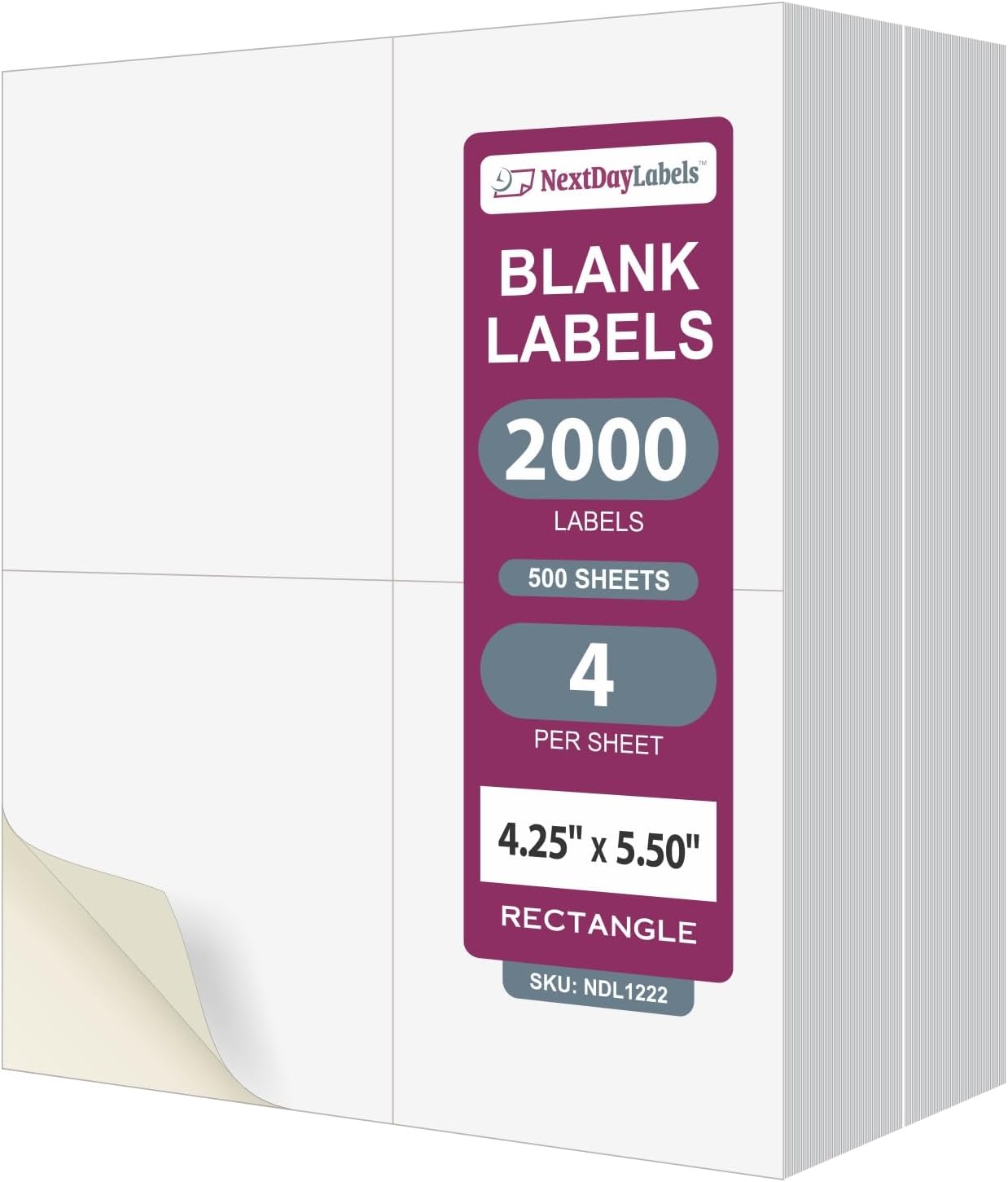 NextDayLabels – 4-1/4" x 5-1/2" Rectangular Sticker Labels for Printer - White Laser/Inkjet Printer Labels Return Address Labels Shipping Label Stickers (500 Sheets, 4 Per Sheet, 2000 Labels)