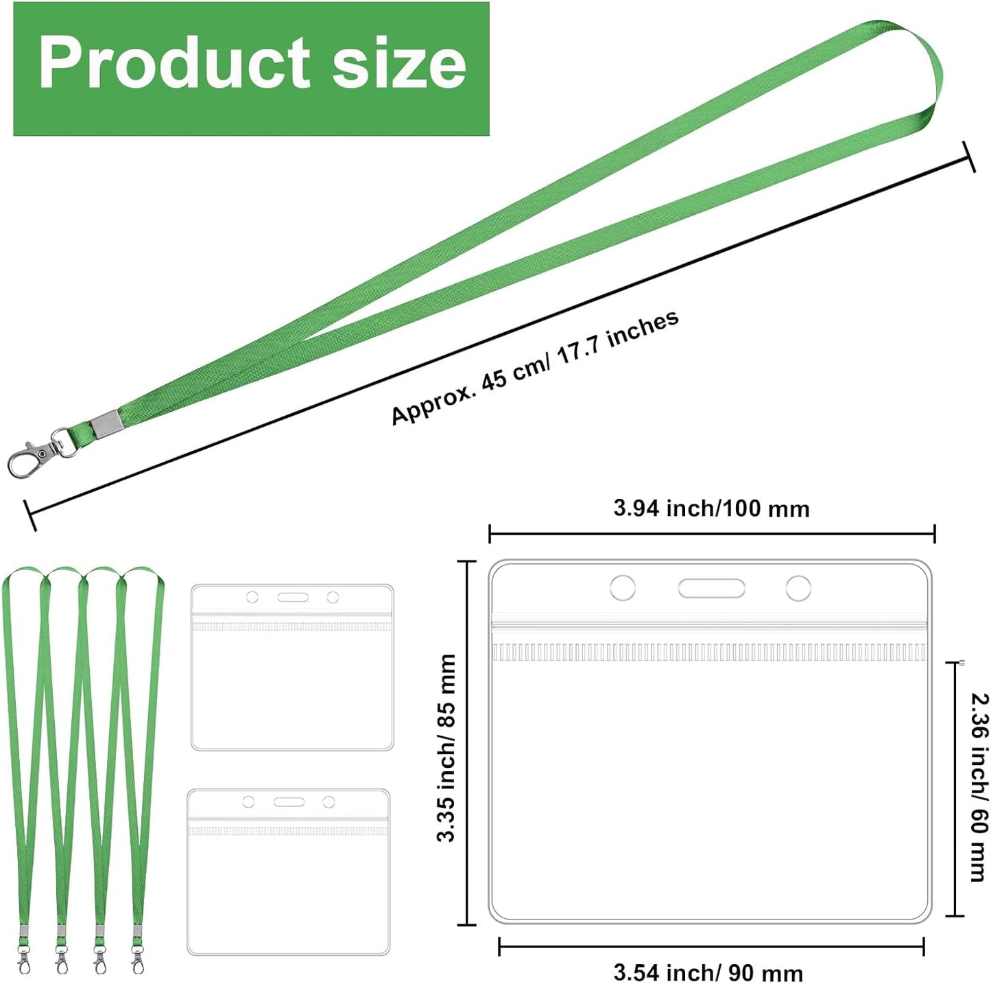 100 Pack Lanyards for ID Badges with Clear Name Tags, Reusable Lanyards Horizontal ID Card Badge Holders Plastic Name Badges for Men Women Kids Business School and Office Supplies (Green)