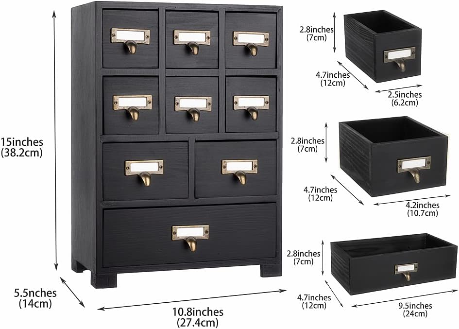 Apothecary Cabinet with 9 Drawers & Labels Rustic Library Card Catalog Cabinet Desktop Wooden Storage Box for Organize Herbal、Tea Bag、Jewelry (Black)