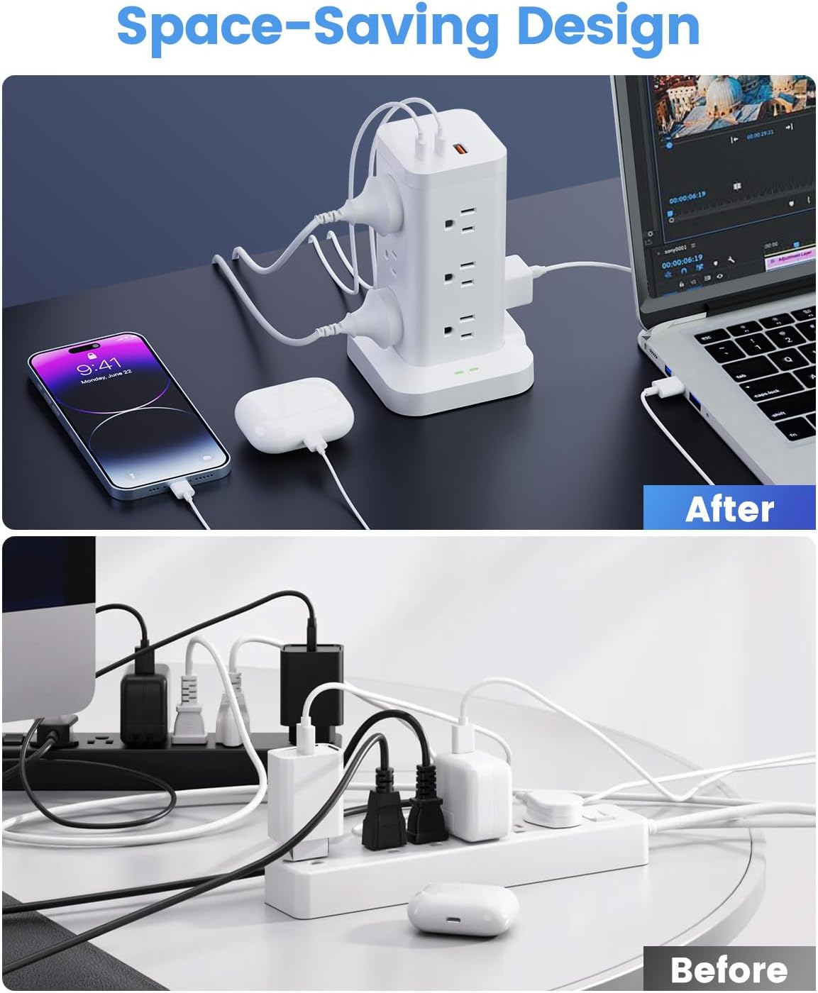 15-in-1 Power Strip Tower with Surge Protector 1800J, Fast Charging Tower PD20W USB-C Ports with 12 AC Outlets, 9.8ft Extension Cord for Home Office Dorm Room, White