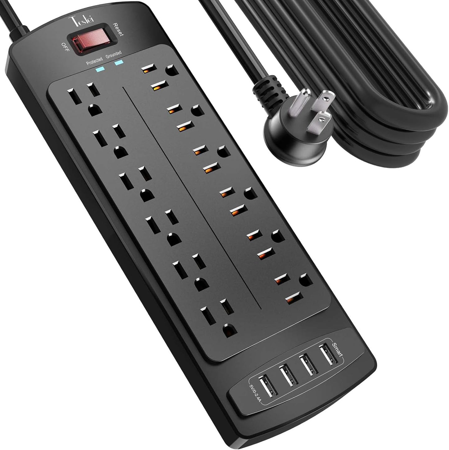 Power Strip, Tcstei Surge Protector with 12 Outlets and 4 USB Ports, 20 Feet Extension Cord (1875W/15A) for Home, Office, Dorm Essentials, 2700 Joules, ETL Listed, Black