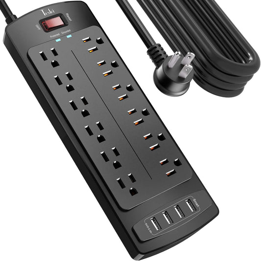 Power Strip, Tcstei Surge Protector with 12 Outlets and 4 USB Ports, 20 Feet Extension Cord (1875W/15A) for Home, Office, Dorm Essentials, 2700 Joules, ETL Listed, Black