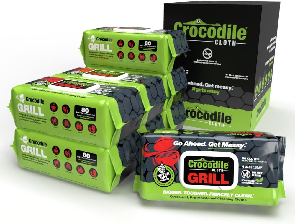 Crocodile Cloth Grill Wipes, 640 Count (8 Packs) – Extra-Large 15” x 10” Plant-Based Cleaning Cloths, Safe on Skin & Surfaces, Pre-Moistened with Aloe & Vitamin E