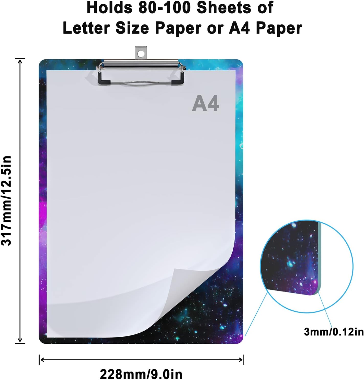 Cute Clipboard Wood Design Decorative A4 Letter Size Clipboards for Office, Standard Size 9" x 12.5" with Low Profile Metal Clip - Nebula Galaxy