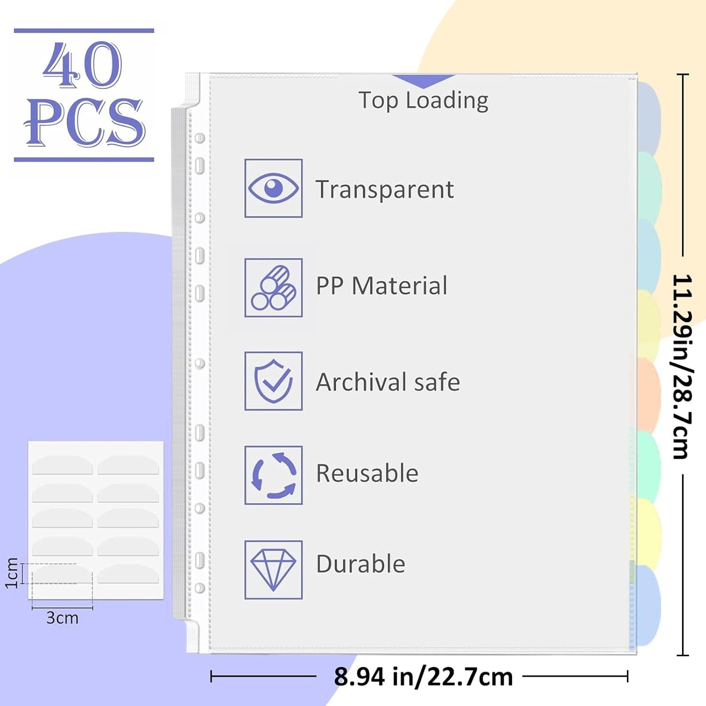 5 Set of 40 Pack Sheet Protectors 8.5 x 11 Inch, Letter Size Sleeves Binder Index, Dividers Pocket for 2/3/4 Ring Binder Dividers with 8 Tabs, Clear Page Protectors Organizer for School Home Office