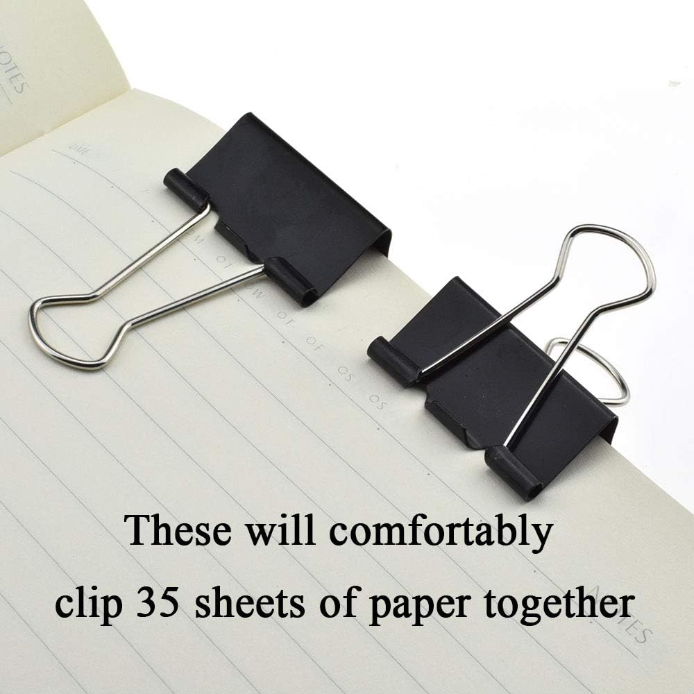HAHIYO Binder Clips Paper Clamps Spring Steel Sturdy Medium 1.26 inches Width 0.45 Inch Capacity No Sharp Edges Heavy Duty Tight Grip Reusable Black Metal Bright Finish for Home Office School 16 Pack