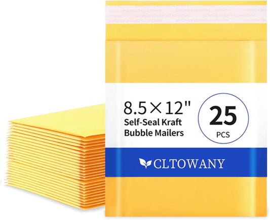 Kraft Bubble Mailers 8.5×12' Inch 25 Pack Yellow shipping envelopes Self-Seal Padded Mailing Envelopes for Jewelry Makeup Supplies and Small Business Packaging