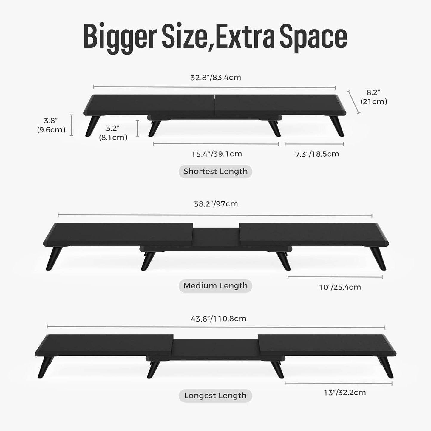 loukin Dual Monitor Stand Riser for Desk, 43.6"*8.2"*3.2" Large Computer Stand for 2 Monitors, Laptop, Printer, Length and Angle Adjustable Computer Shelf, Home Office,Max 43.6" Length(Black)
