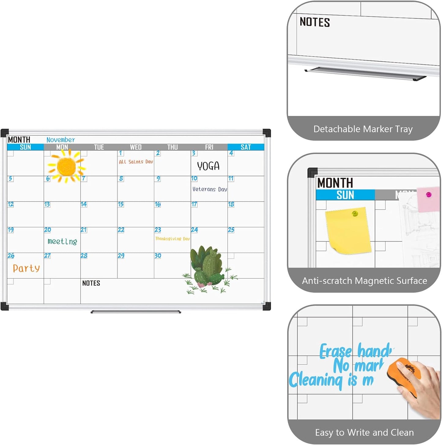 XBoard Magnetic Calendar Whiteboard 36" x 24" - Monthly Calendar Dry Erase Board, Reusable Colorful Calendar Board, Silver Aluminium Framed Monthly Planning Board