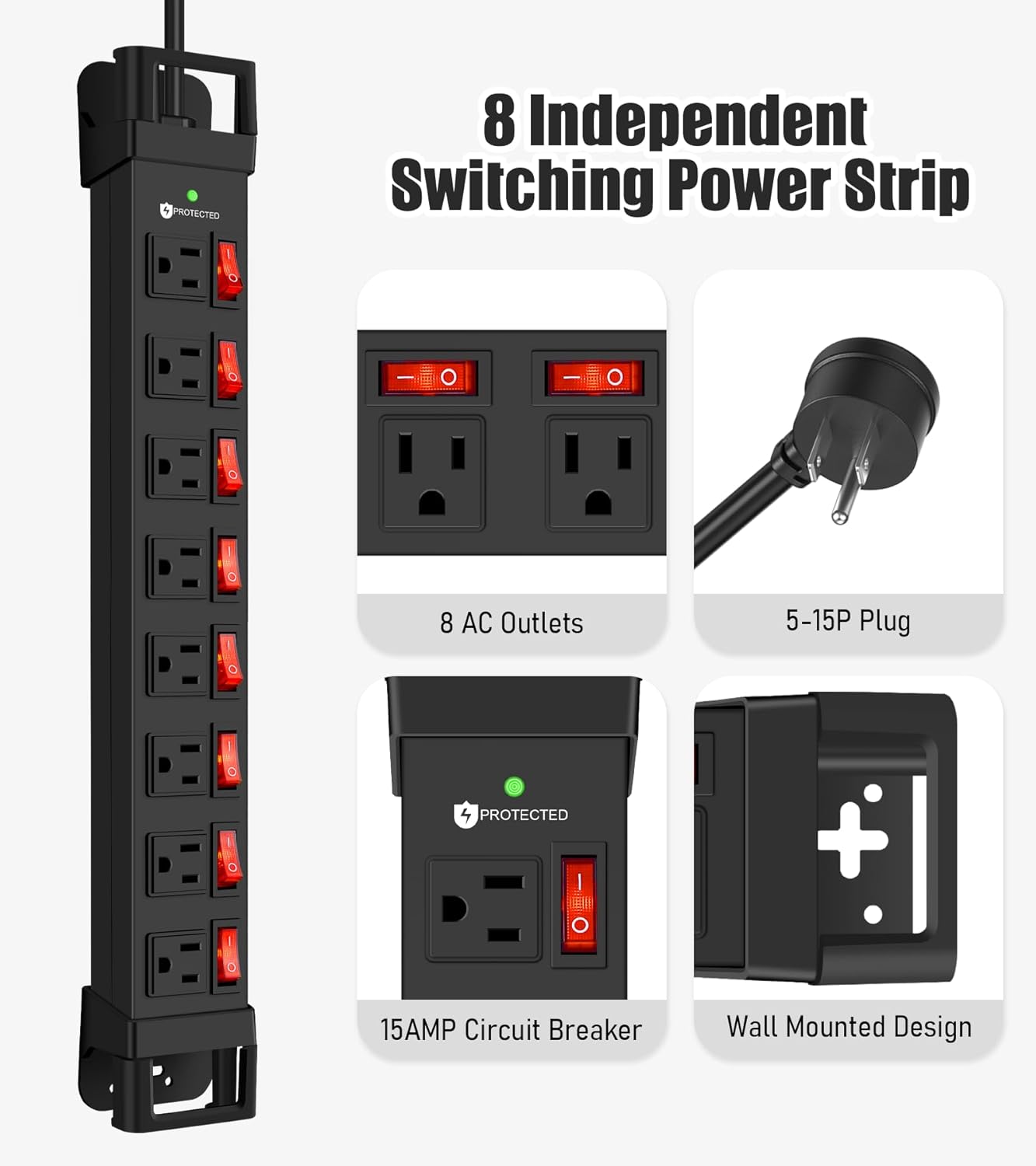 Heavy Duty Power Strip with Individual Switches,8 Outlets 14 Gauge Industrial Shop Garage Metal Multiple Outlets,1200J Surge Protector Mountable Power Strip,15FT Extension Cord Management (Black)