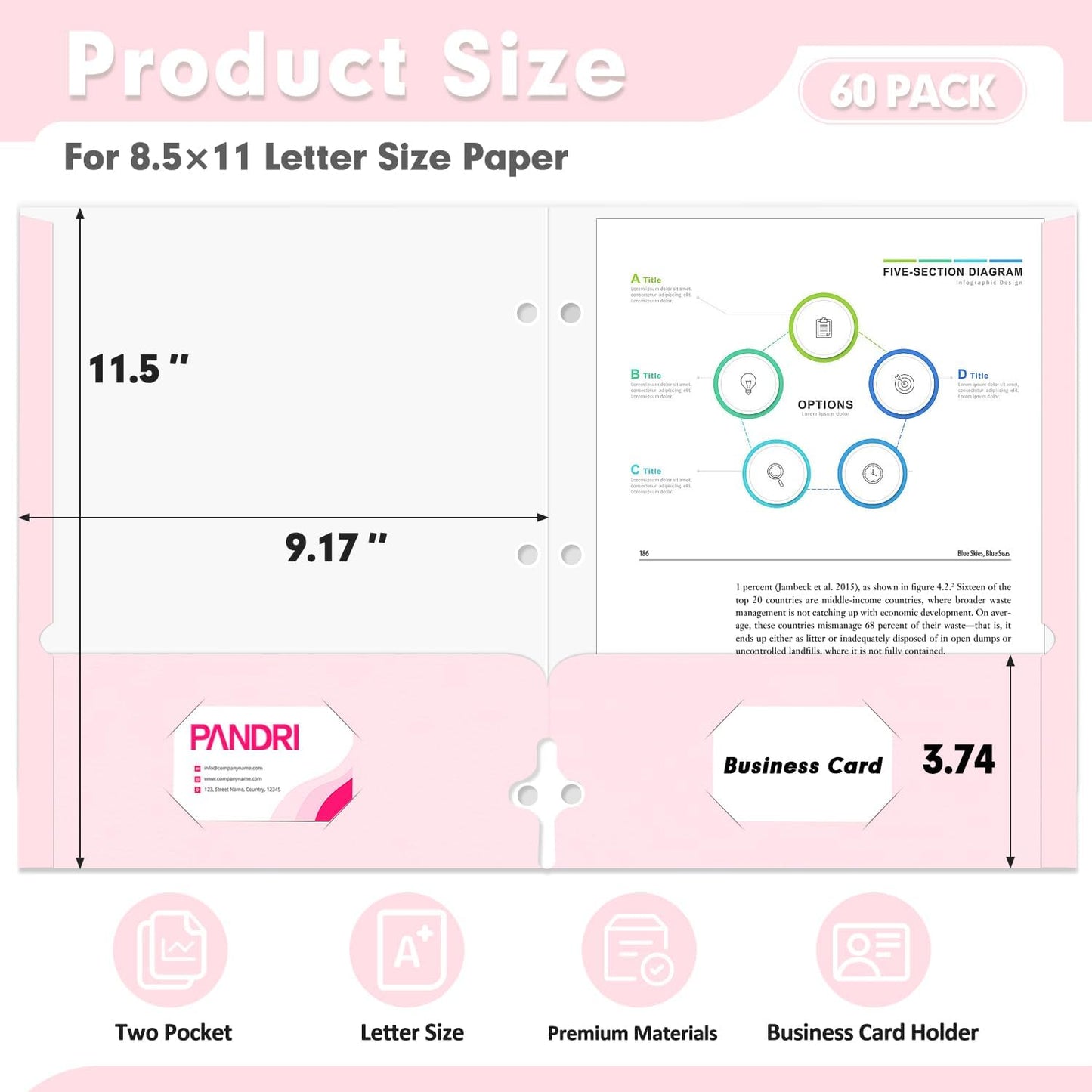 Two Pocket Portfolio Folders, PANDRI 60 Pack 3 Hole Punched 2 Pocket Folders for 3 Ring Binder, Letter Size Paper File Folder for School Office Home Business, Pink