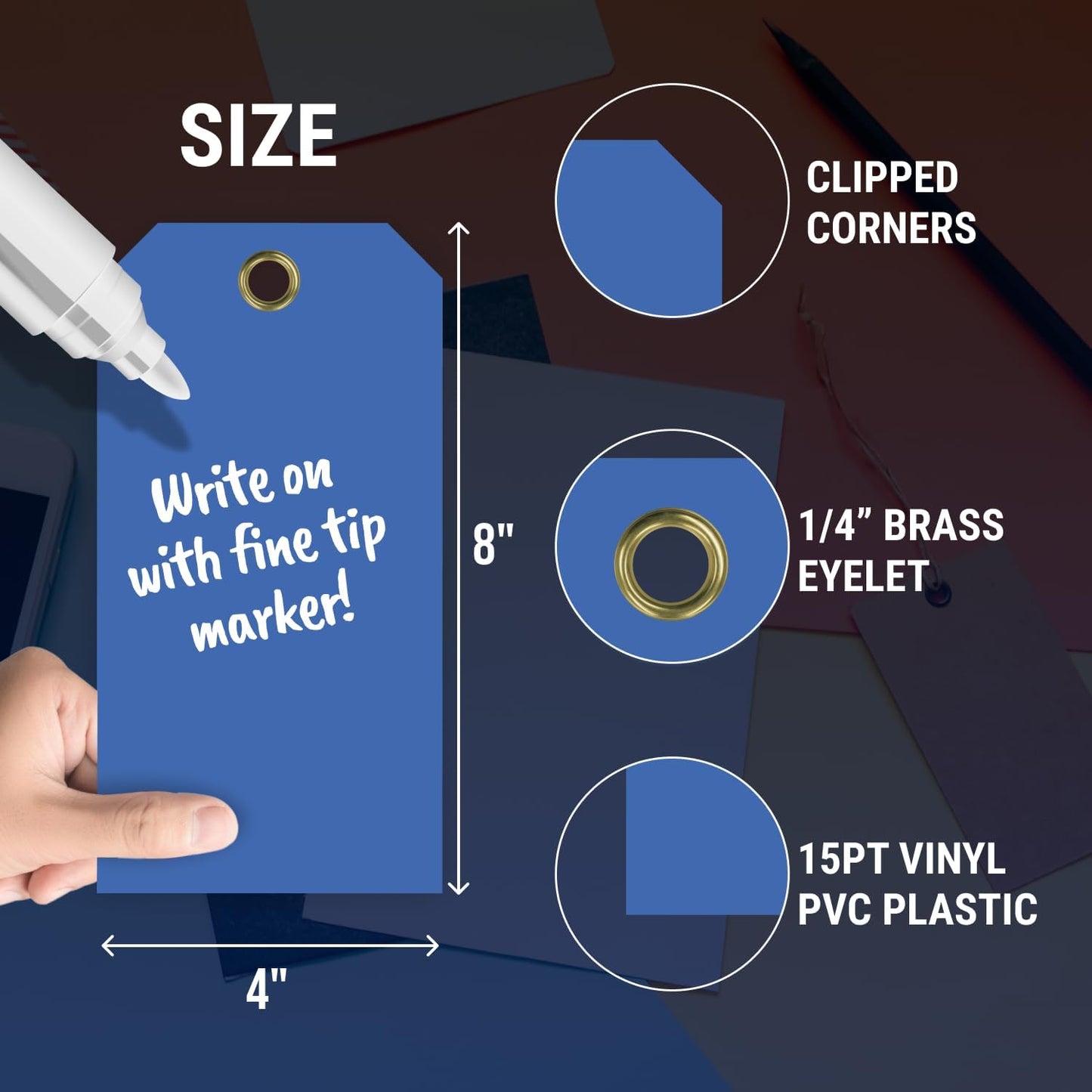 Tags 4 Less 15 Mil Waterproof Plastic Tags, Pack of 100 – 4” x 8” Heavy Duty Plastic Tags for Labeling, Outdoor Tagging, Equipment Labeling, Luggage, Valves & More (Dark Blue)