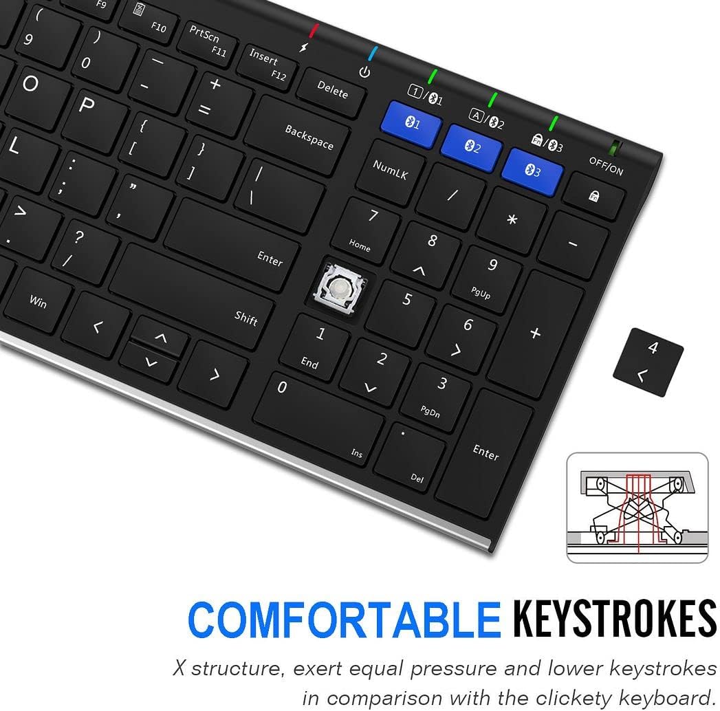 Arteck HB193 Universal Bluetooth Keyboard Multi-Device Stainless Steel Full Size Wireless Keyboard for Windows, iOS, Android, Computer Desktop Laptop Surface Tablet Smartphone Rechargeable Battery
