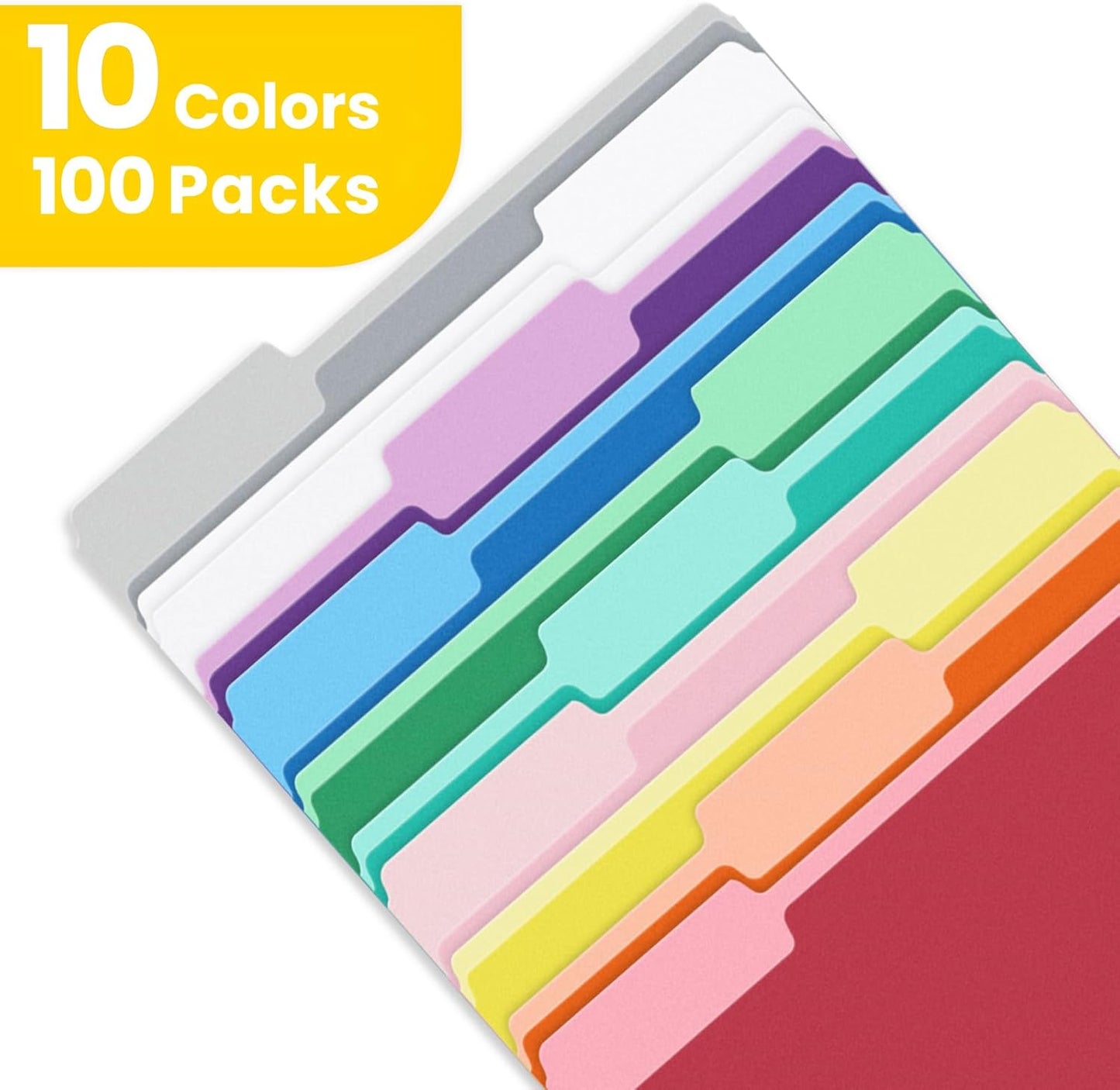 SUNEE File Folders Letter Size 10 Assorted Colors, 100 Pack Folders for Documents 1/3-Cut Tabs, Colored File Folders Office Home School for Documents Files Paper