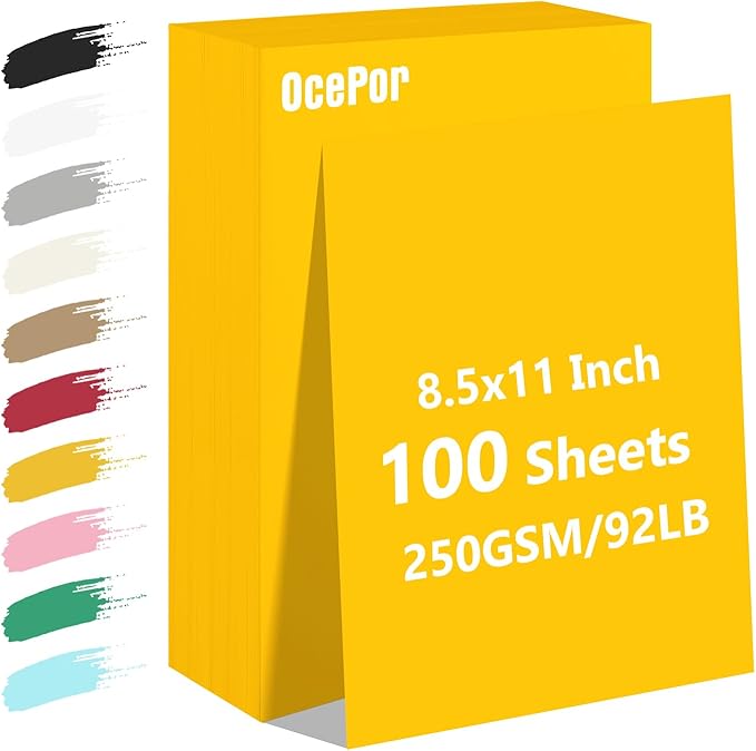 OcePor 100 Sheets Yellow Cardstock Paper, Colored Printer Paper 8.5 x 11, Card Stock Thick Construction for Craft,Scrapbook，Office Printing, Invitations, Certificates，92 lb/250gsm