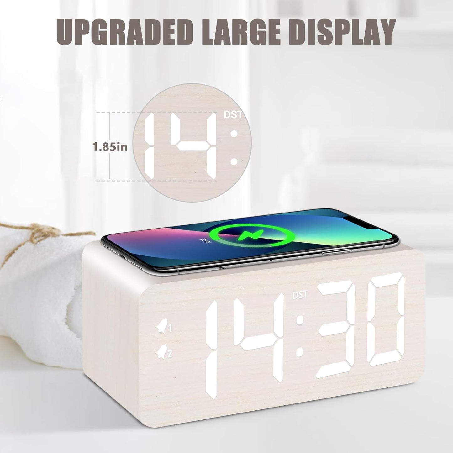 Wooden Digital Alarm Clock, 10W Fast Wireless Charger Station & 2 USB Charging Ports, with 0~99% Dimmer, Dual Alarm, Weekday/Weekend Mode, Wood LED Clock for Bedroom, Desk, Office