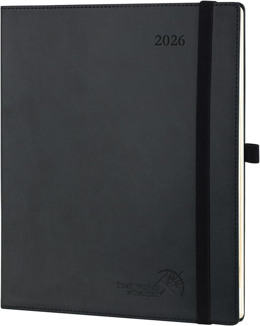 POPRUN 2026 Planner (Large - 8.5'' x 10.5'') - 2026 Weekly Calendar (Jan. 2026 - Dec. 2026) with Hourly Time Slots, Weekly/Monthly Appointment Book for Time Management - Leather Soft Cover - Black