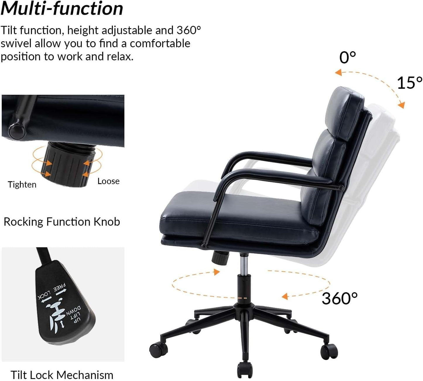 HULALA HOME Modern Faux Leather Home Office Chair with Tilt Lock & Metal Base, Desk Chair with Wheels & Padded Cushion, 360° Swivel Wide Seat Computer Task Chair, Navy