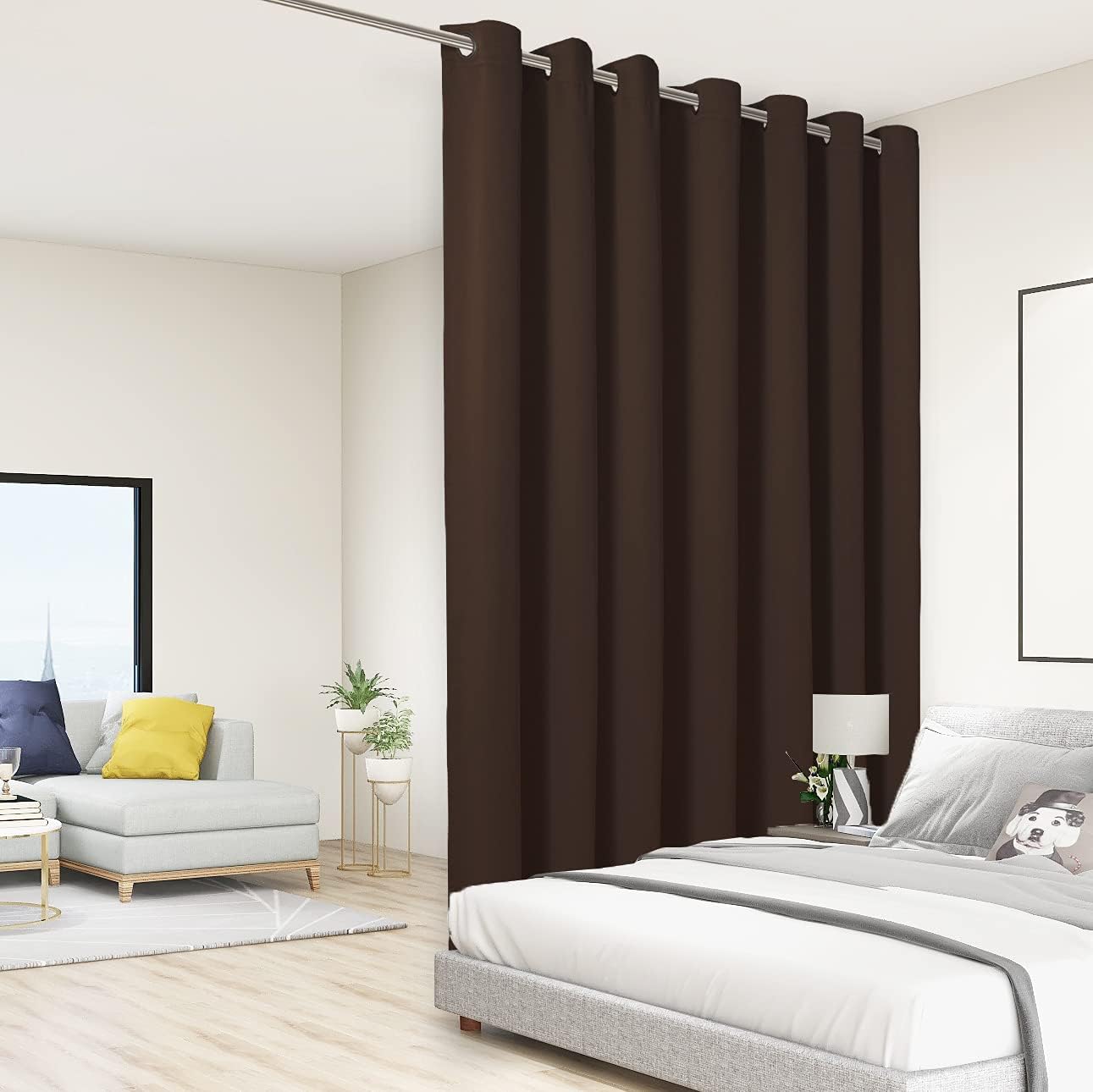 BONZER Extra Wide Room Divider Curtain Screen Partitions Total Privacy Wall Noise Reducing Blackout Curtains for Living Room, 96L x 150W Inch (8L x 12.5W ft), 1 Panel, Chocolate