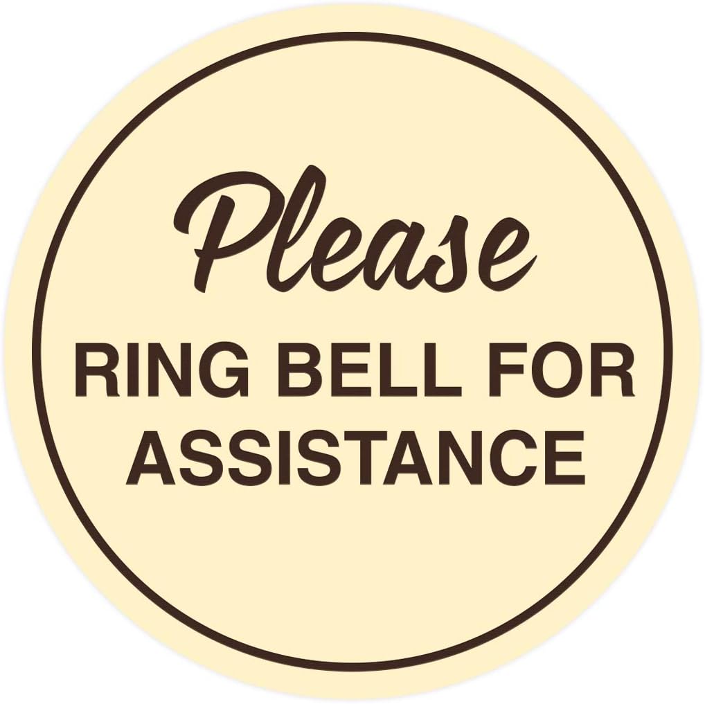 Signs ByLITA Circle Please Ring Bell For Assistance Wall or Door Sign | Easy Installation | Front Desk Reception Sign (Ivory/Dark Brown) - Small (1 Pack)